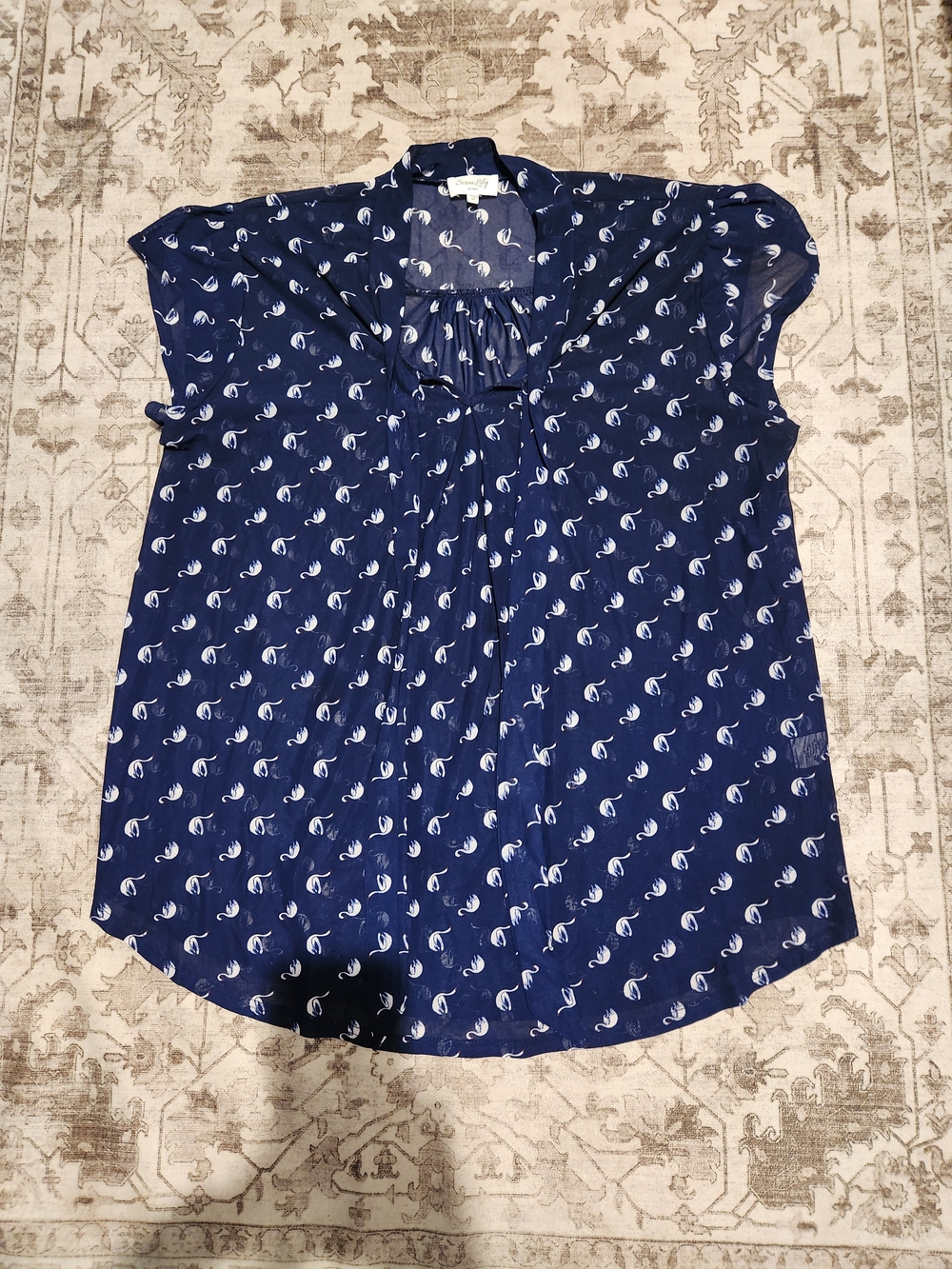 Siren Lily Navy Blue Floral Motif Short-Sleeve Blouse